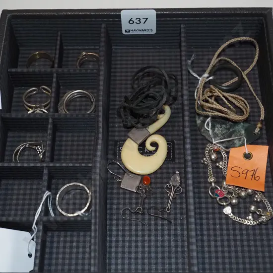 segemented tray; rings, bone carving etc