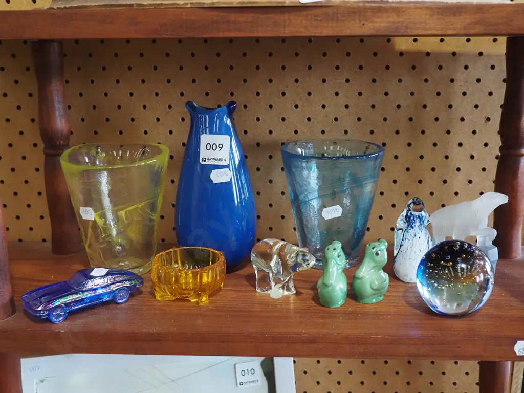 shelf of glassware - vases, paperweights, etc. Image 1++