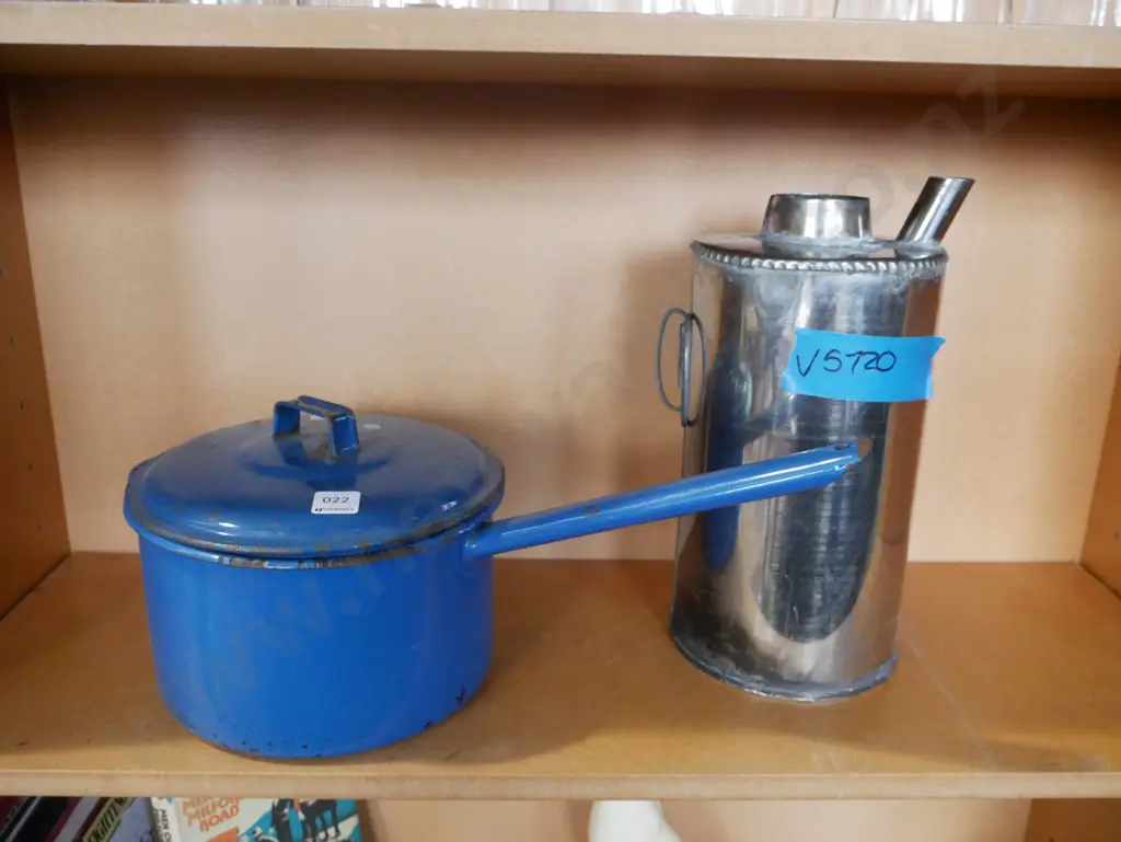 blue enamel Judgeware long-handled saucepan and a thermette Image 1++