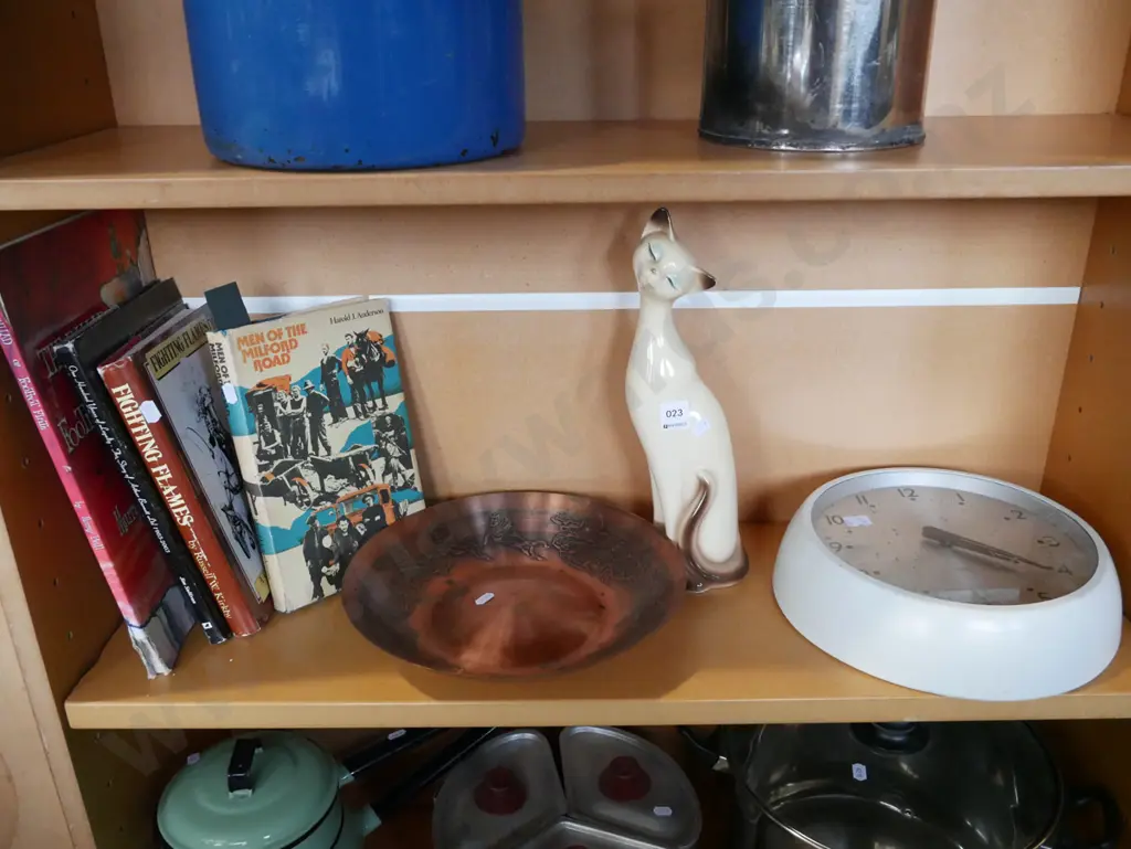 New Zealand books, copper bowl, cat figurine, wall clock Image 1++