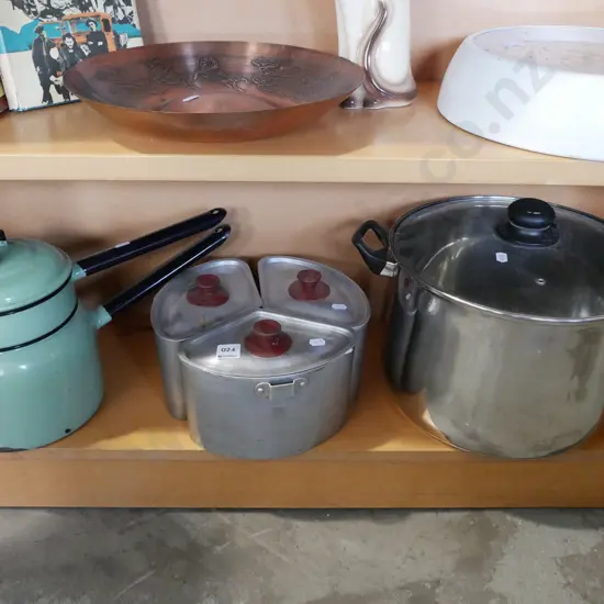 stock pot, Judgeware enamel boiler and a segmented aluminium pot