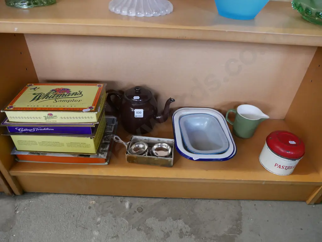 shelf of chocolate boxes, tea strainer, jug, enamel ware etc. Image 1++