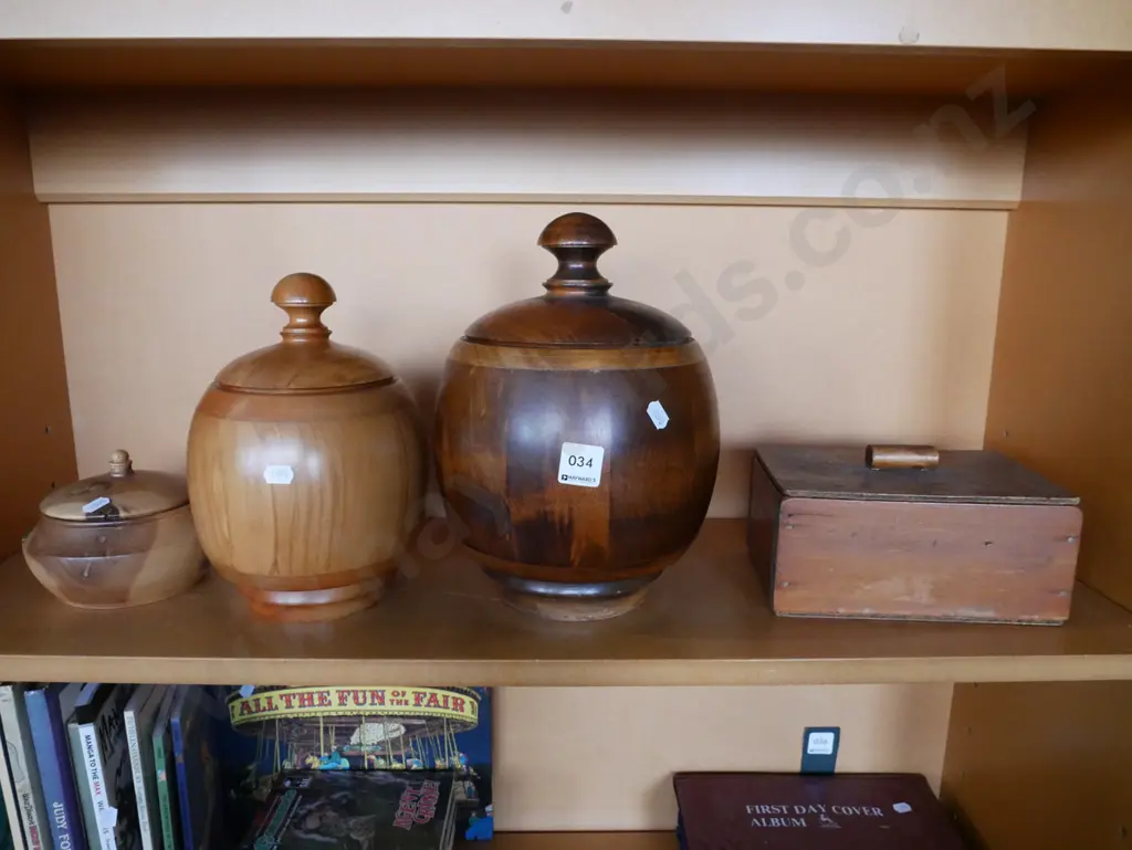 turned wooden canisters and a home-made lidded box Image 1++