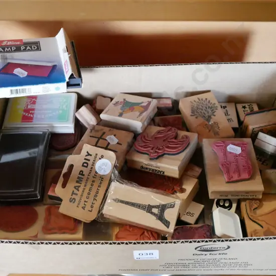 box of rubber stamps