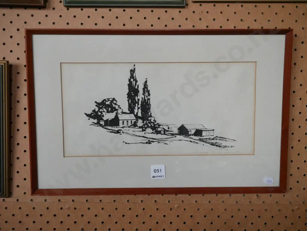 Alan D Cooke framed ink - farm buildings Image 1++