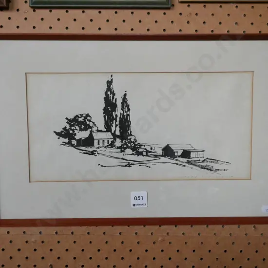 Alan D Cooke framed ink - farm buildings