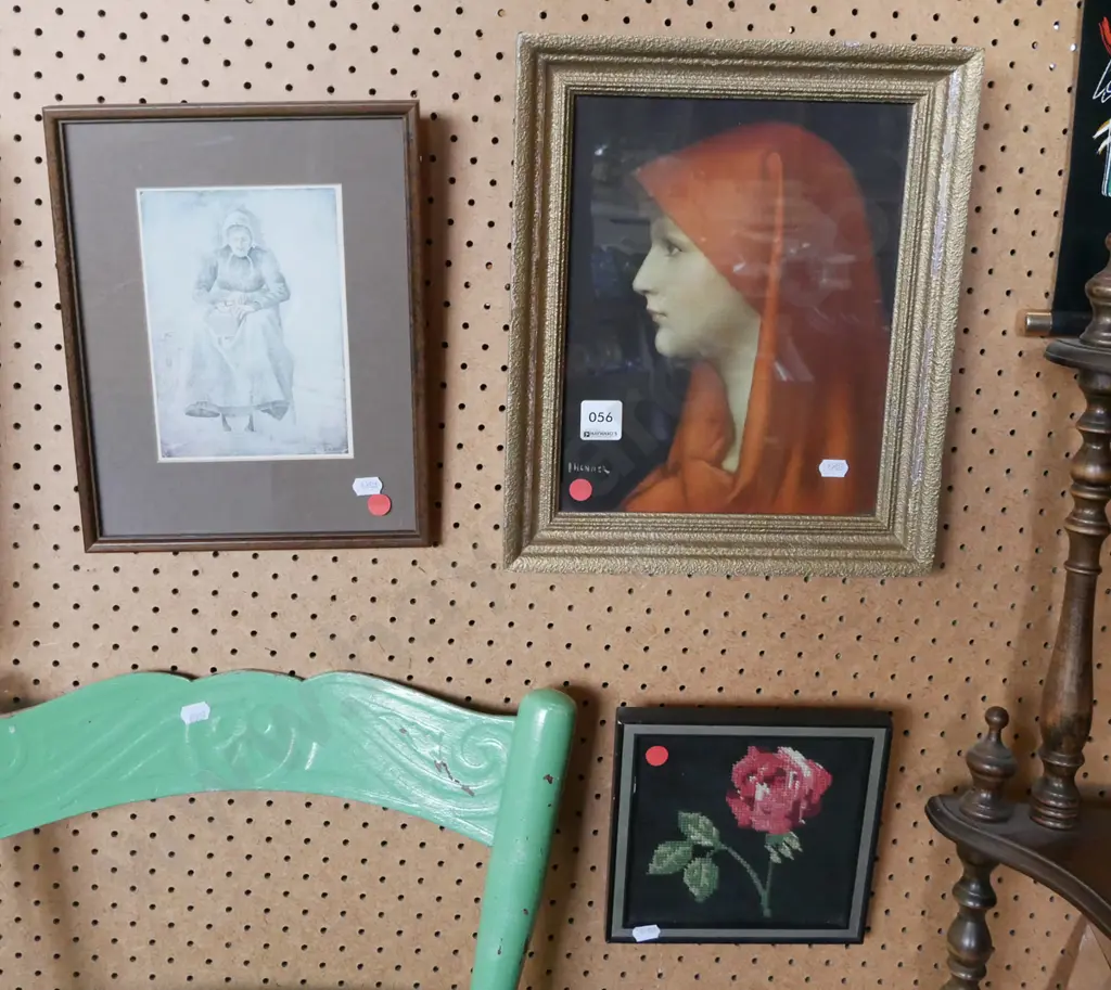2 framed prints and a framed needlework - red dots Image 1++