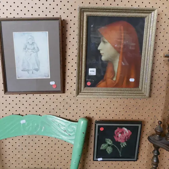 2 framed prints and a framed needlework - red dots