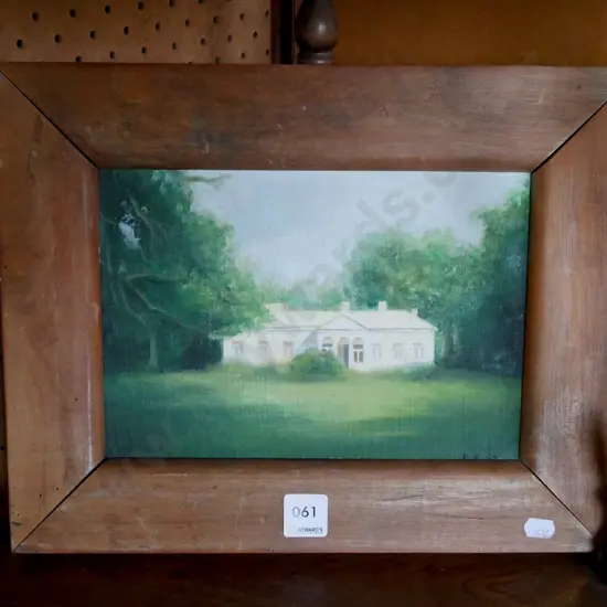 framed oil on board - house and trees