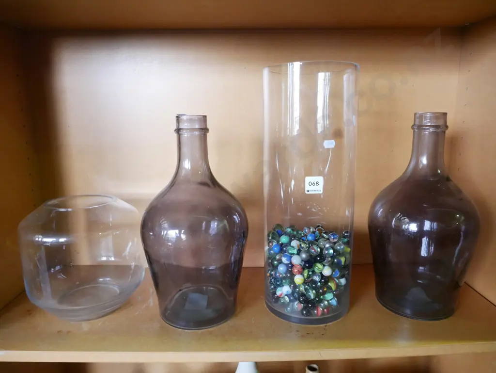 2 large glass bottles and 2 glass vases, one with marbles H-400 Image 1++