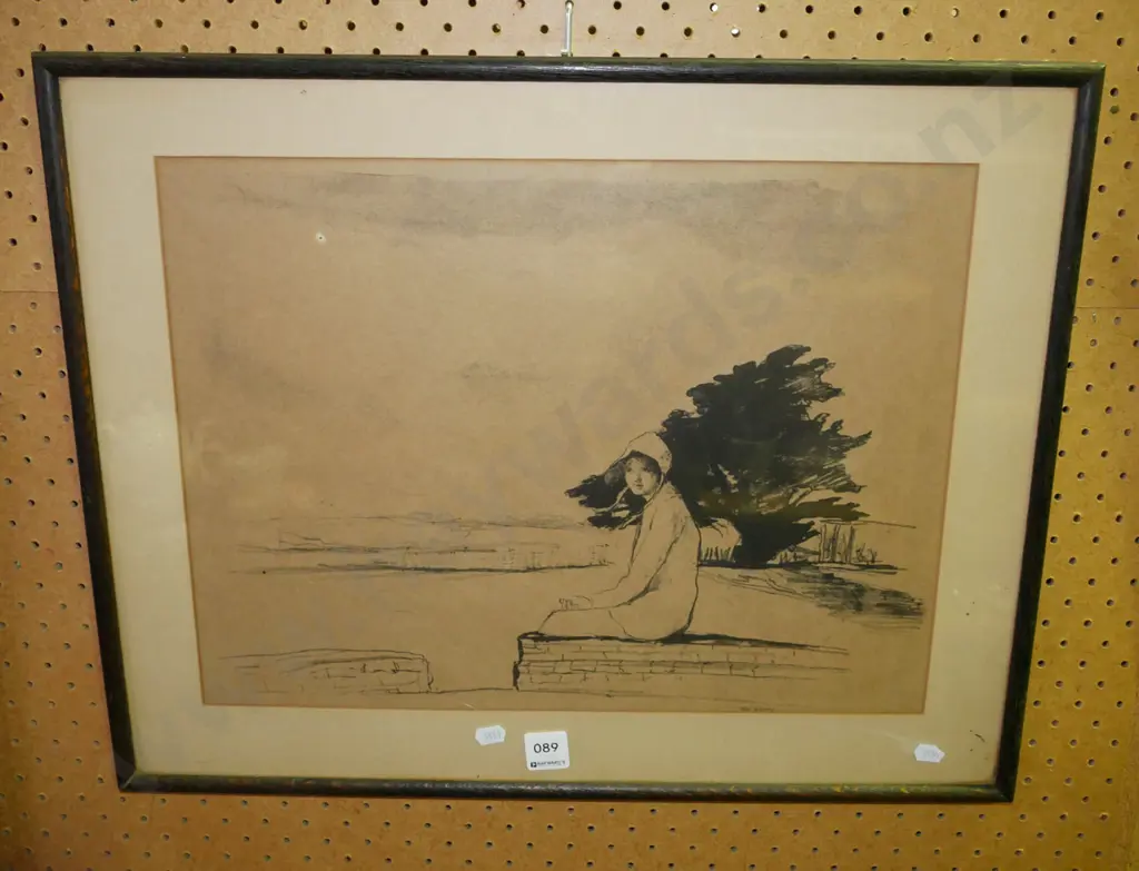 framed charcoal - woman on fence Image 1++