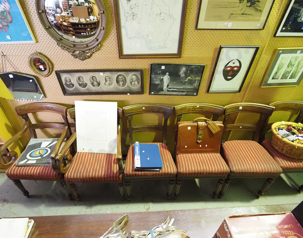 8 mahogany Georgian style dining chairs incl. 2 carvers - upholstery stained, needs attention Image 1++