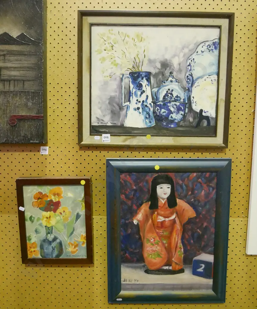 3 framed oils - still life flowers, doll Image 1++