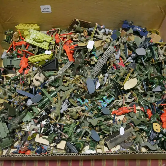 box of plastic army figurines etc.