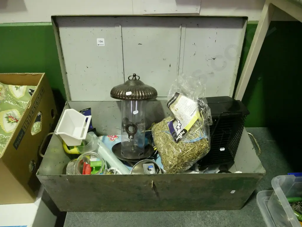 tin tool box and contents - bird feeder, pet feeder, etc. Image 1++