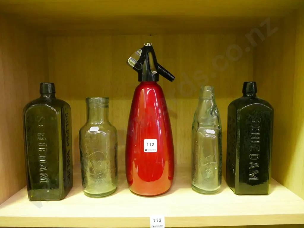 4 glass bottles and a soda syphon Image 1++