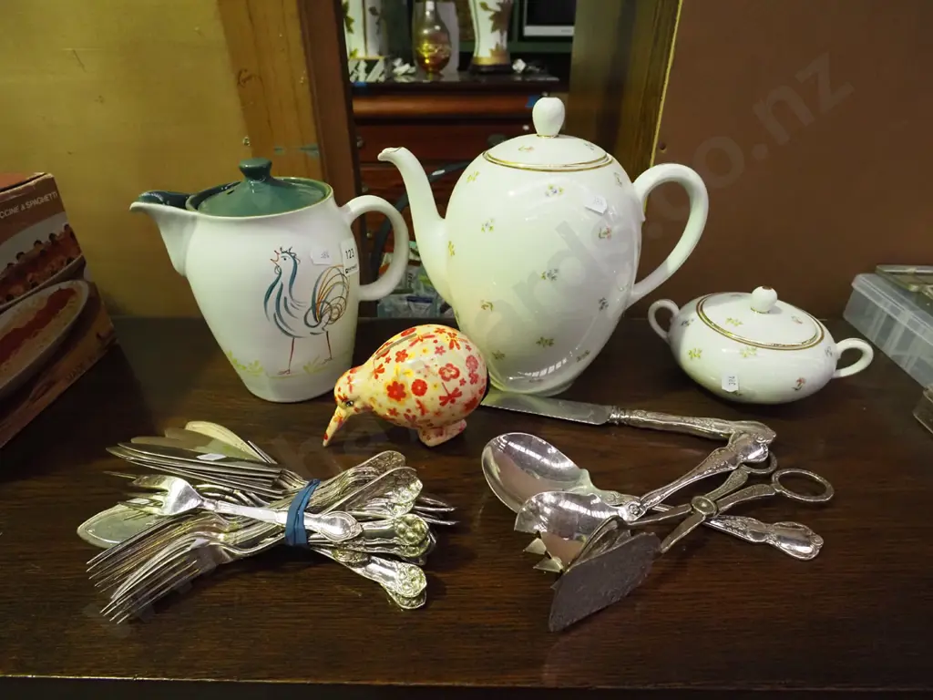 cutlery, coffee pot, sugar and a kiwi themed piggy bank Image 1++