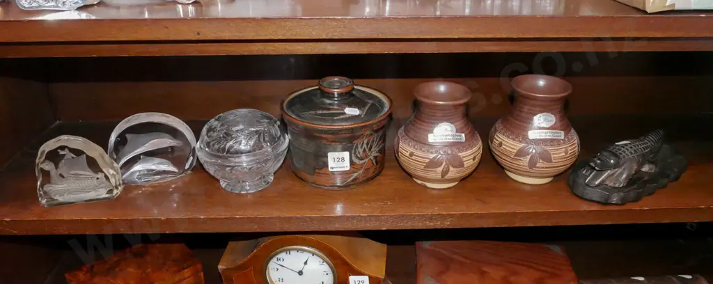 shelf of allsorts - German pottery vases, cut crystal trinket, carved crocodile etc.  Image 1++