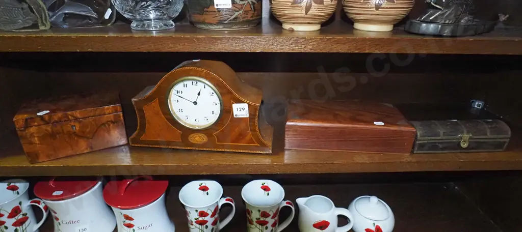 wood inlay mantel clock and 3 small wooden storage boxes Image 1++