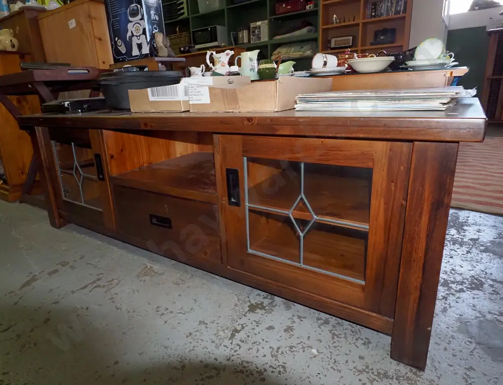 pine entertainment unit with 2 leadlight doors H-540 W-1650 D-550 Image 1++