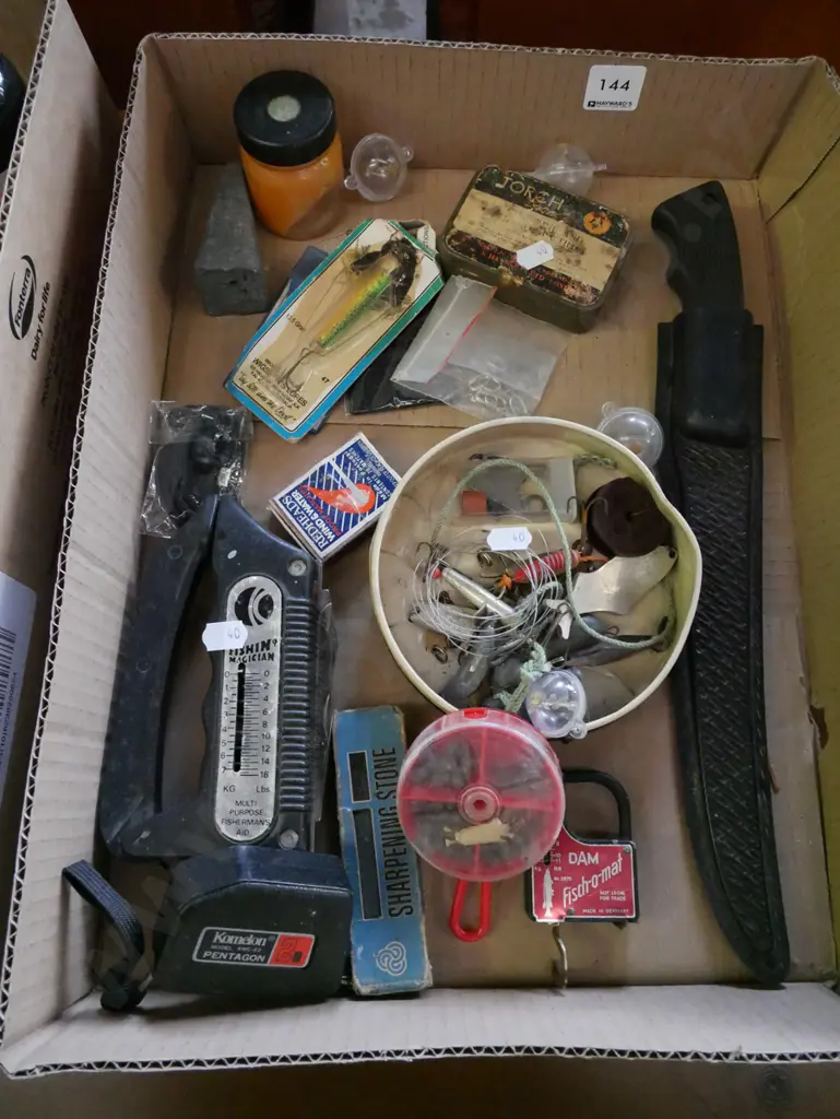 box of fishing gear, scales, sinkers, filleting knife, etc. Image 1++