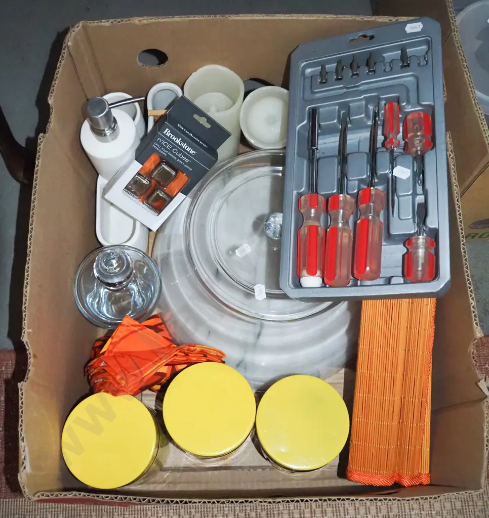 box of screwdrivers, placemats, candles, storage canisters, etc. Image 1++