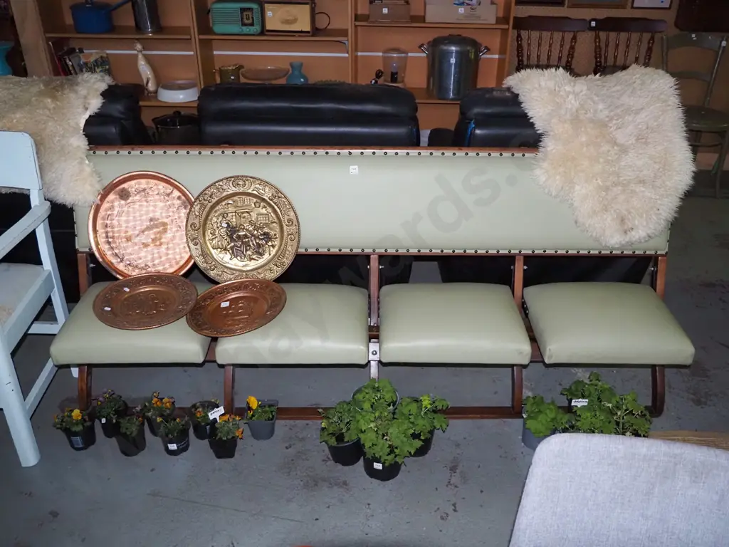 restored 4 seat folding bench with light green vinyl upholstery H-840 L-2000 D-590 Image 1++