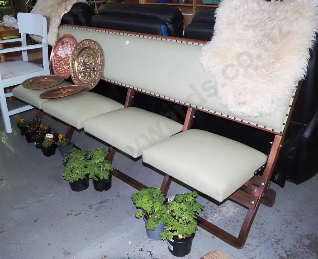 restored 4 seat folding bench with light green vinyl upholstery H-840 L-2000 D-590 Image 1++