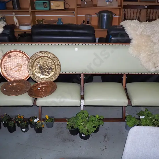 restored 4 seat folding bench with light green vinyl upholstery H-840 L-2000 D-590