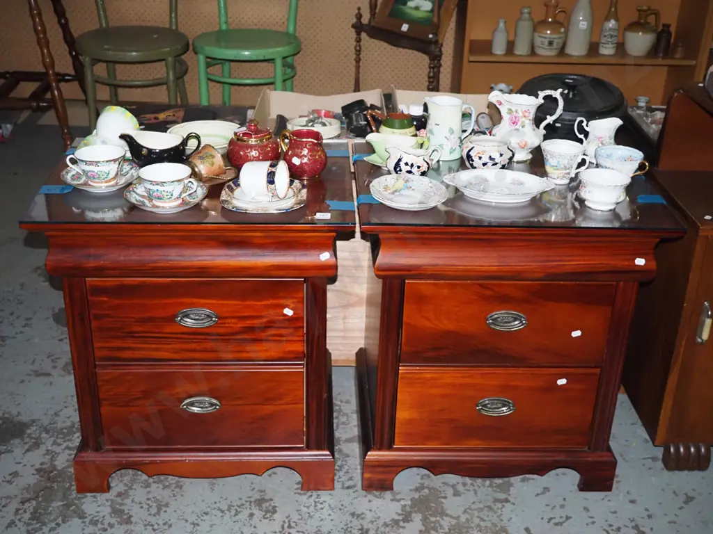 pair of stained pine 2 drawer bedside cabinets with glass tops Image 1++