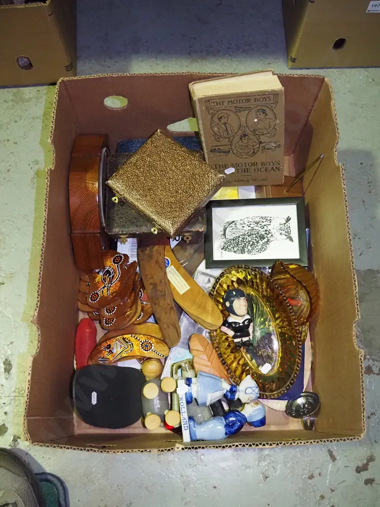 box; cased teaspoons, books, picture frames, amber glass items etc Image 1++