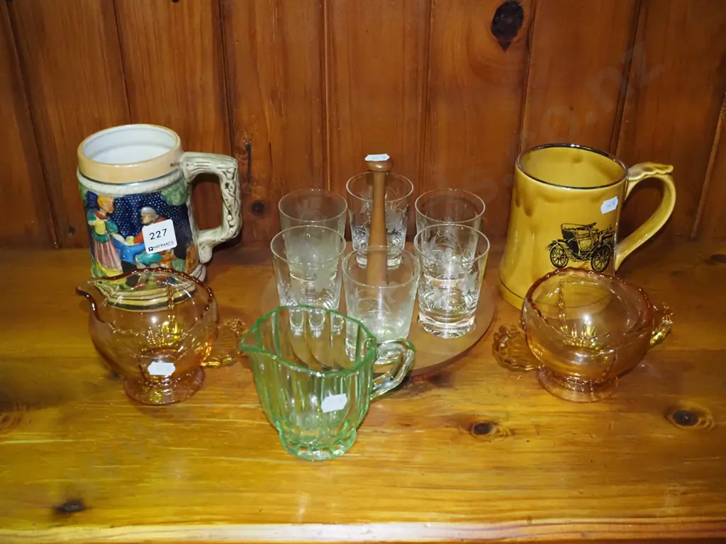 beer steins, jug, sugar bowl, 6 etched tumblers with wooden caddy Image 1++