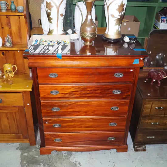 solid pine 5-drawer tallboy with glass top H-1170 W-980 D-500