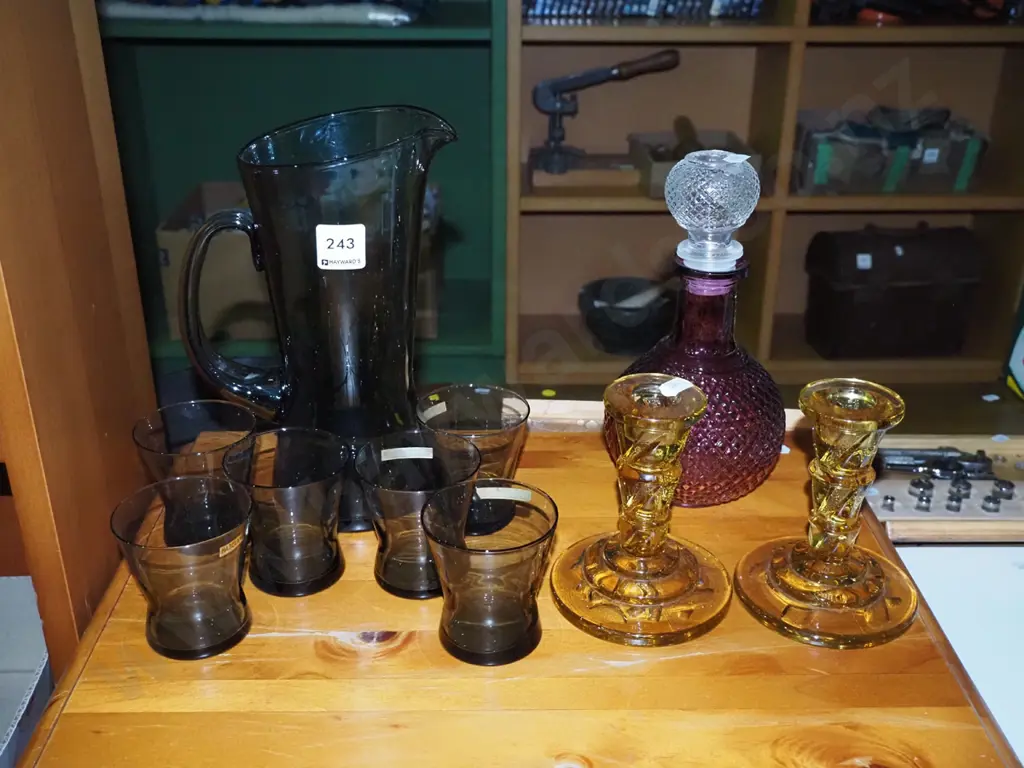 amber glass water set, stoppered decanter and 2 candlesticks Image 1++