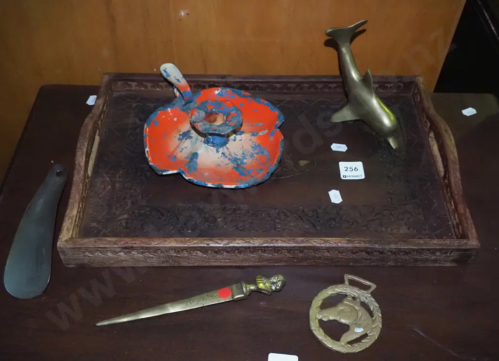 heavily carved tray, letter opener, candlestick etc Image 1++