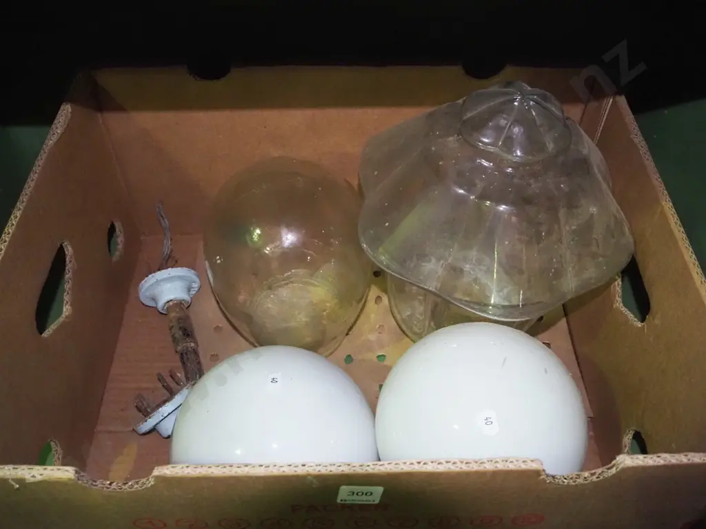 box of vintage glass light shades and part light fitting Image 1++