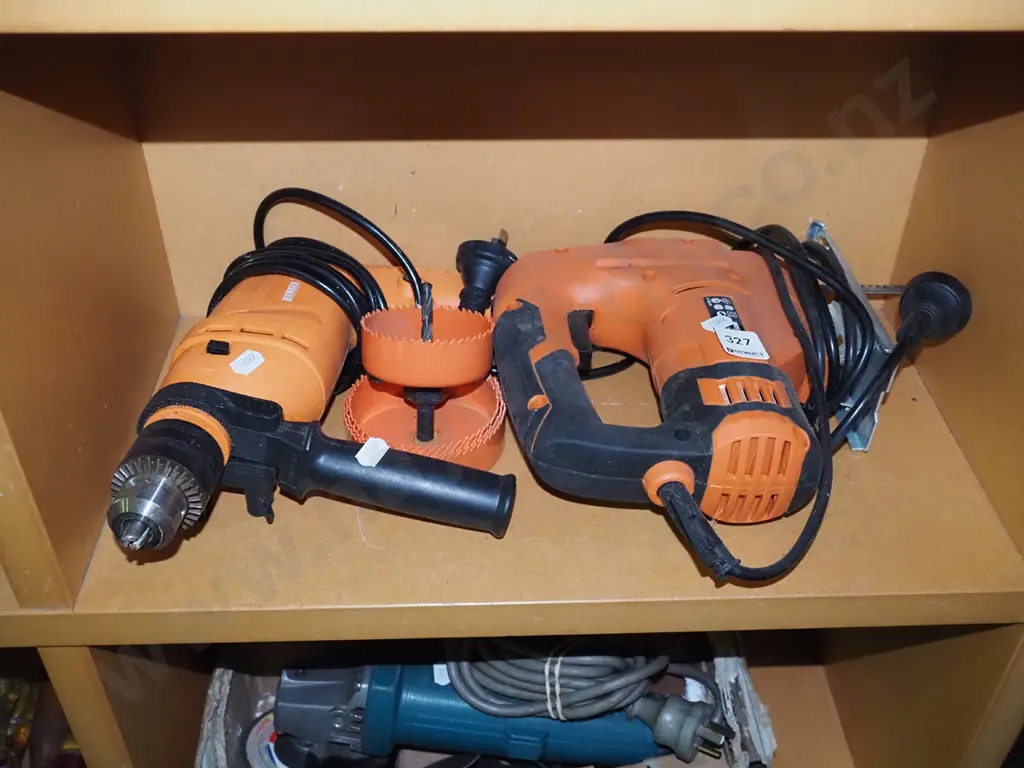 Number 8 electric drill, jigsaw, and hole saw set Image 1++