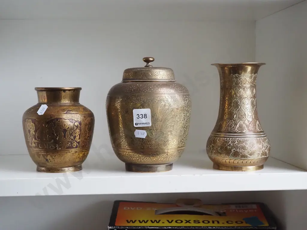 2 brass vases and a lidded canister Image 1++