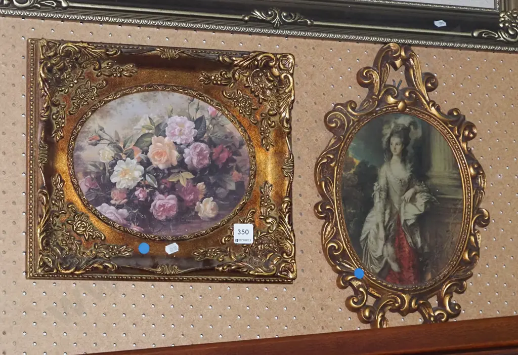 2 ornate gilt framed prints - blue dots Image 1++
