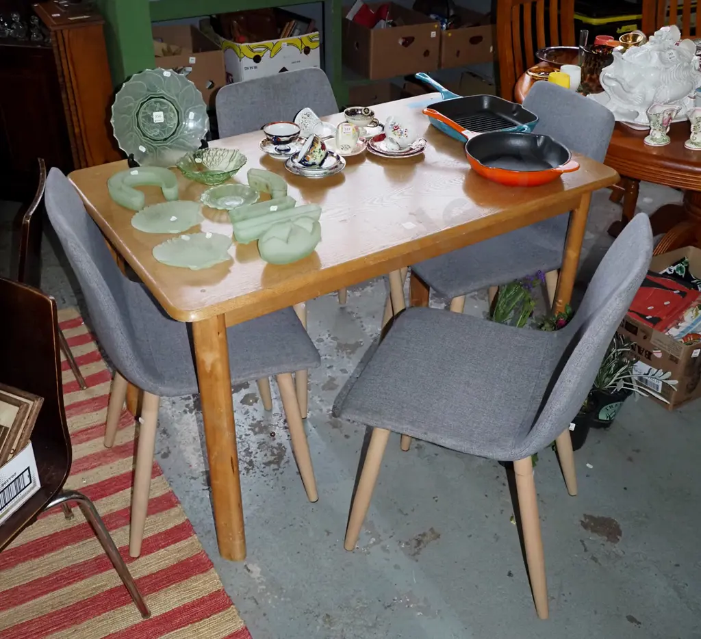 oak veneer dining table w/4 matching grey upholstered chairs - table has screws thru top H-770 L-1220 W-760 Image 1++