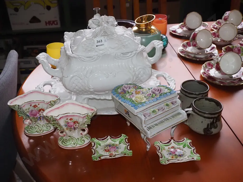 ornate white lidded soup tureen, ceramic piano trinket, vases, etc. Image 1++