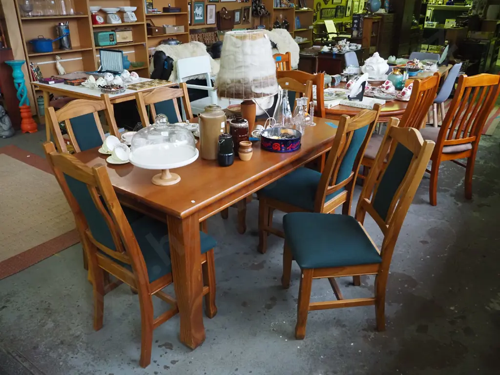 solid pine dining table with 6 matching upholstered high-back chairs H-750 L-1510 W-900 Image 1++