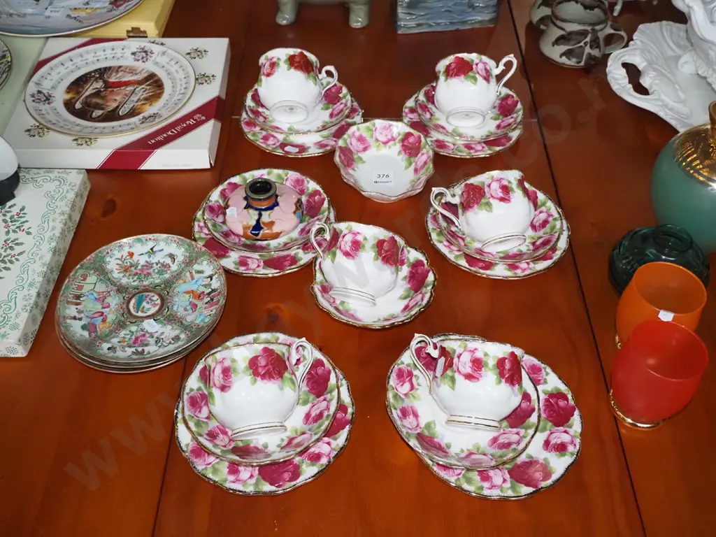 assorted Royal Albert old english rose trios, jam dish, orinental saucers, small bud vase Image 1++