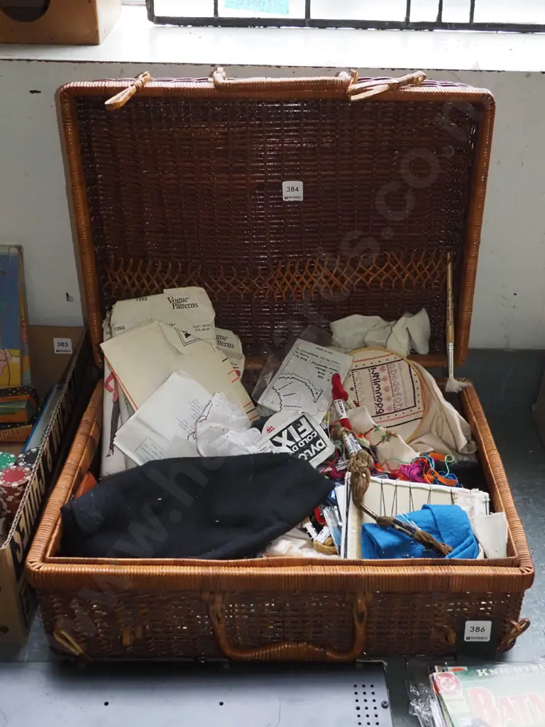 cane picnic hamper with thread, sewing patterns, etc. Image 1++
