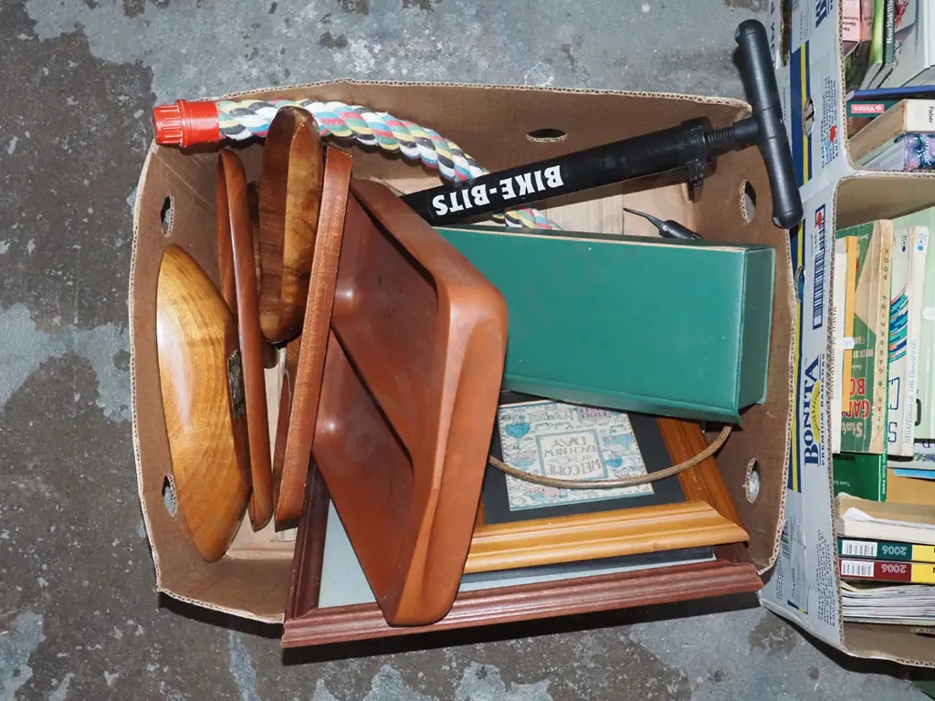 box of framed needleworks, wooden bowl/tray, vintage hair dryer, bike pump etc Image 1++