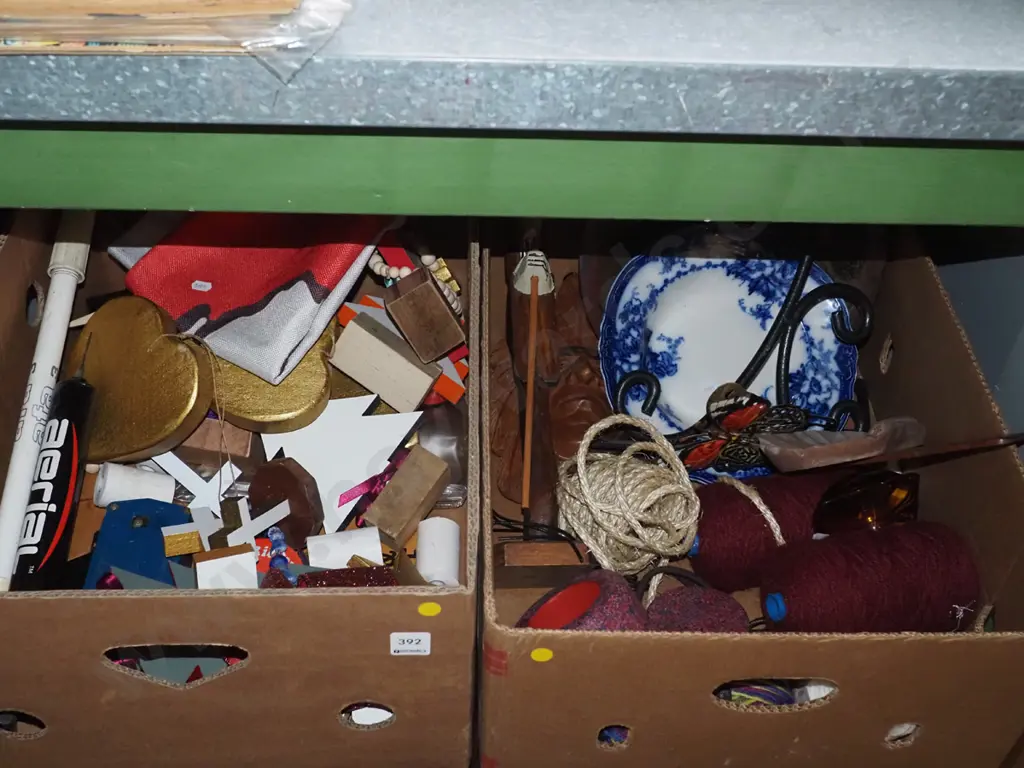 2 boxes of allsorts - knitting yarn, flow blue bowl, wooden hearts, crucifixes, ribbon, etc. Image 1++