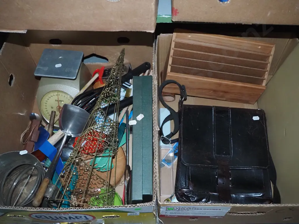 2 boxes of allsorts - backgammon, letter rack, leather satchel, kitchen scales, flour sifter etc. Image 1++