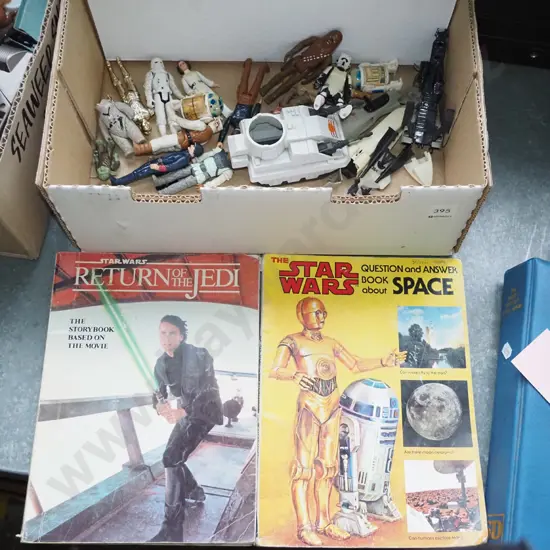 box of original Star Wars figurines and Return of the Jedi and Star Wars books