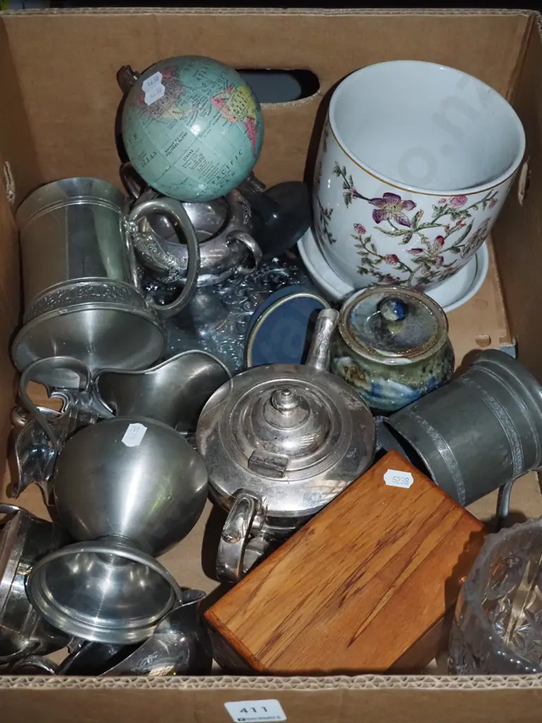 box of pewter ware, floral jardiniere, small world globe, etc Image 1++