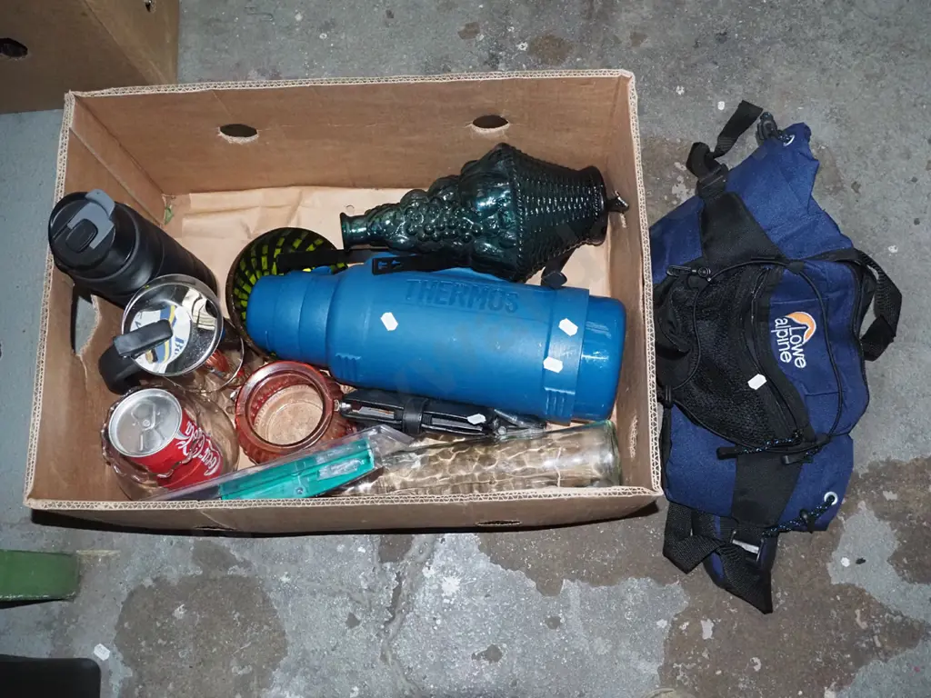 box: large plastic Thermos, stovetop espresso maker, Lowe Alpine camera hip bag etc, Image 1++